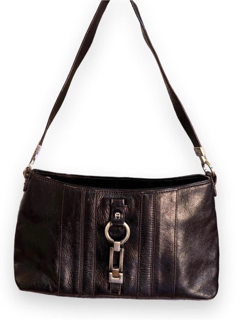 Classic Black Leather Shoulder Bag with Silver Hardware